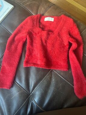 H&M Red Fuzzy Crewneck Crop Sweater
